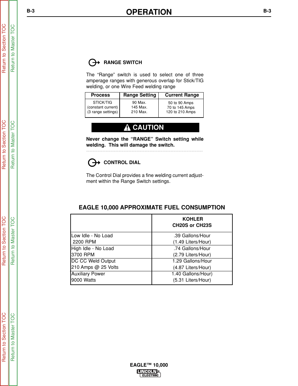 Controls dial, Operation, Caution | Lincoln Electric EAGLE SVM192-A User Manual | Page 19 / 94