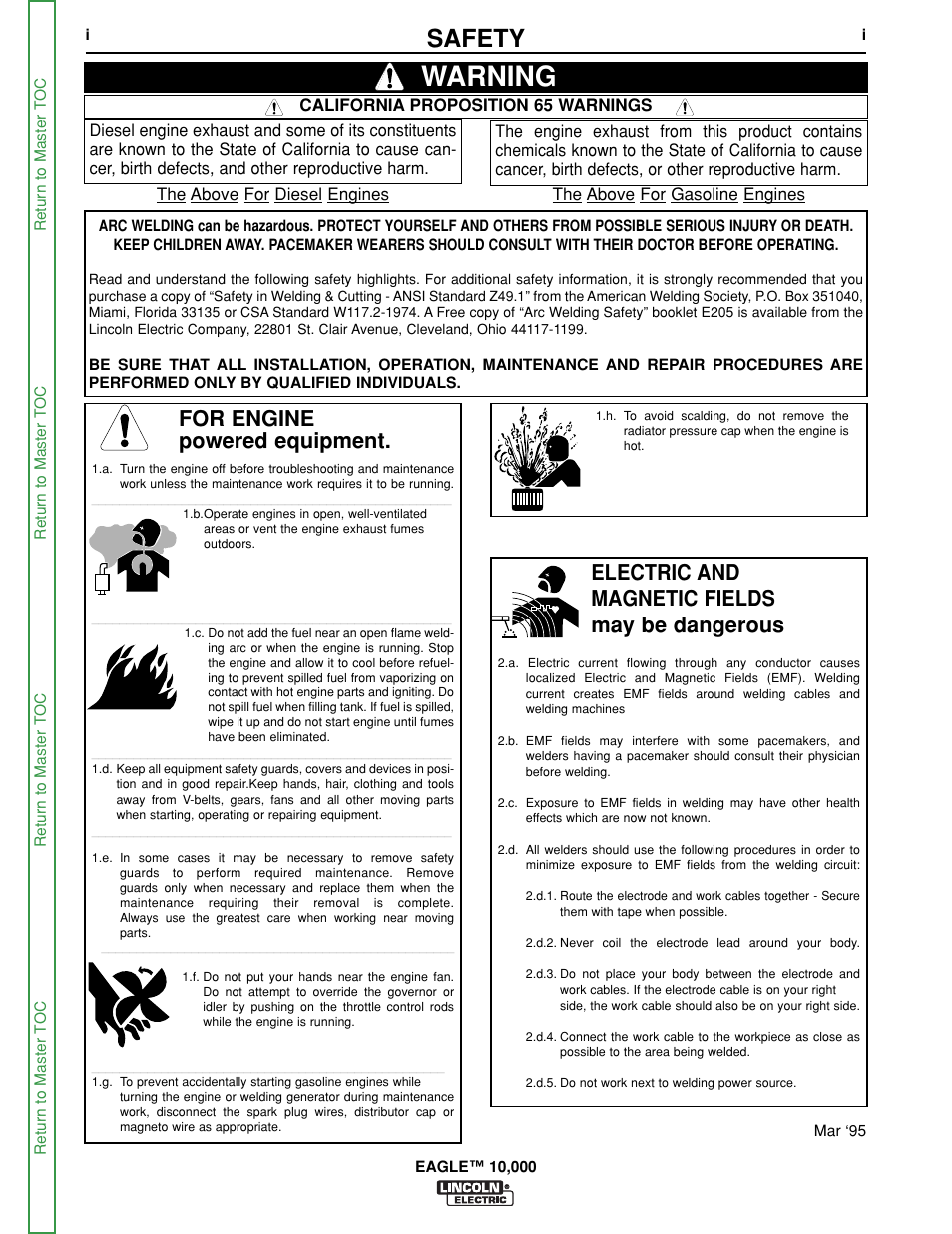 Safety, Info, Warning | For engine powered equipment, Electric and magnetic fields may be dangerous | Lincoln Electric EAGLE SVM192-A User Manual | Page 2 / 94
