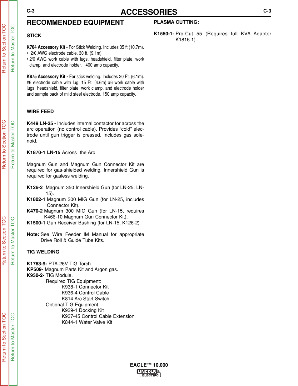 Wirefeed, Plasma cutting, Accessories | Recommended equipment | Lincoln Electric EAGLE SVM192-A User Manual | Page 25 / 94