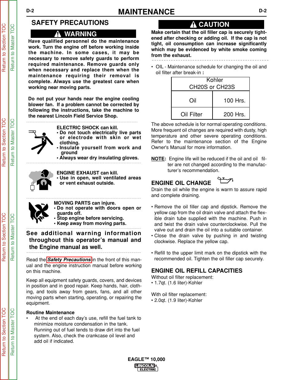 Maintenance, Warning safety precautions, Caution | Lincoln Electric EAGLE SVM192-A User Manual | Page 28 / 94