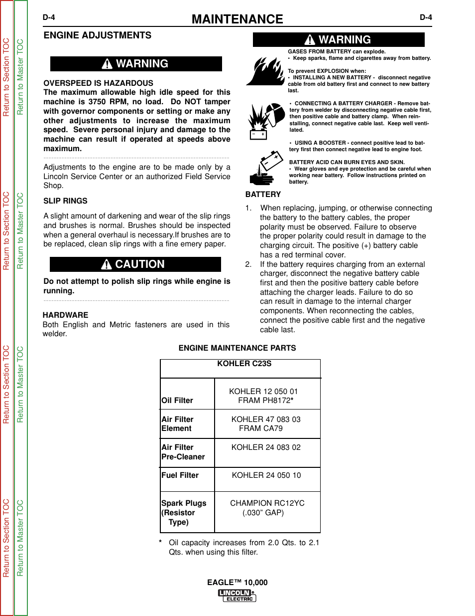 Slip rings, Maintenance, Warning caution | Warning | Lincoln Electric EAGLE SVM192-A User Manual | Page 30 / 94