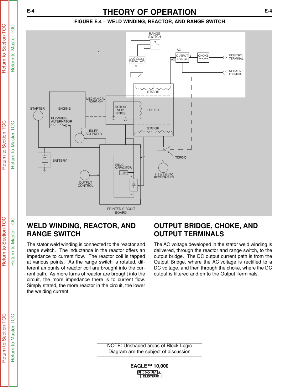 Theory of operation, Weld winding, reactor, and range switch, Output bridge, choke, and output terminals | Lincoln Electric EAGLE SVM192-A User Manual | Page 36 / 94