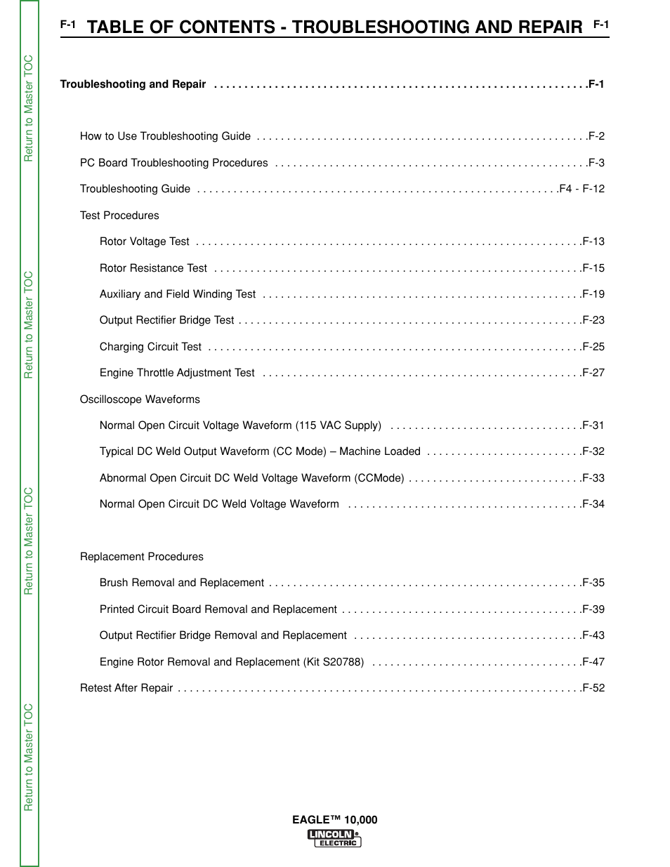 Section f - troubleshooting and repair, Table of contents - troubleshooting and repair | Lincoln Electric EAGLE SVM192-A User Manual | Page 37 / 94