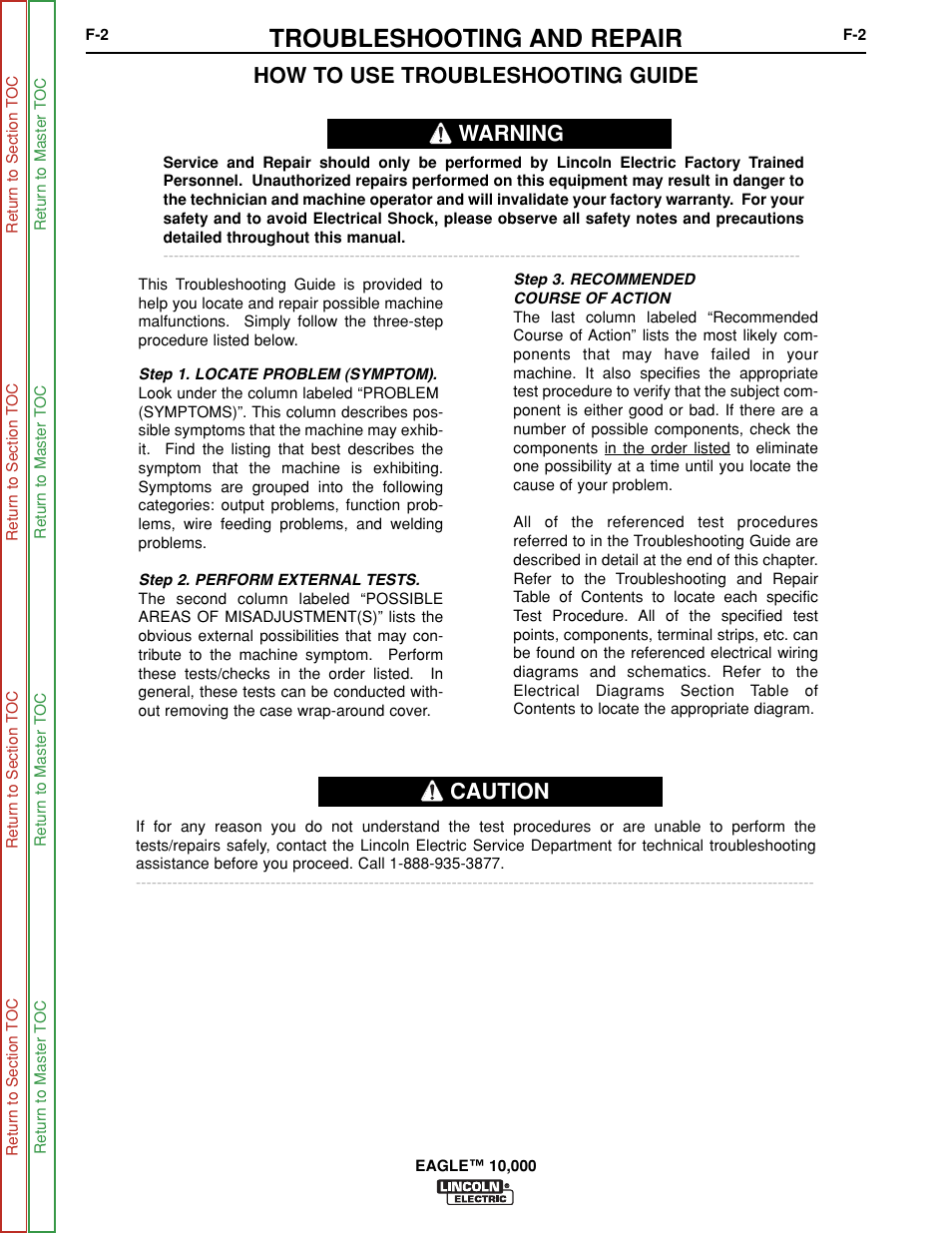 Troubleshooting and repair, How to use troubleshooting guide, Warning caution | Lincoln Electric EAGLE SVM192-A User Manual | Page 38 / 94