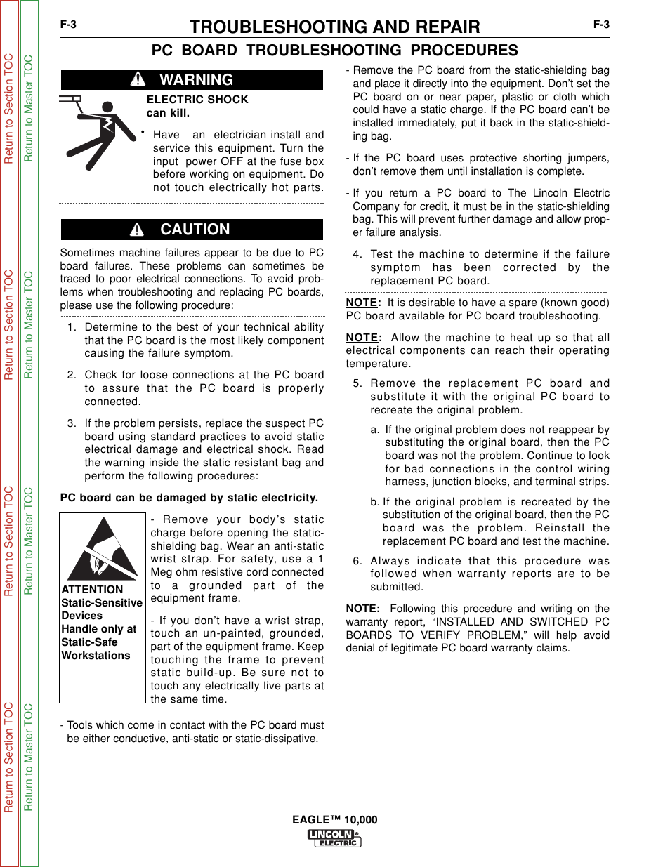 Troubleshooting and repair, Pc board troubleshooting procedures, Warning caution | Lincoln Electric EAGLE SVM192-A User Manual | Page 39 / 94