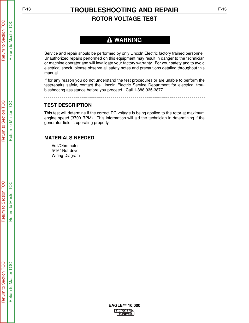 Rotor voltage test, Rotor voltage, Test | Troubleshooting and repair, Warning | Lincoln Electric EAGLE SVM192-A User Manual | Page 49 / 94