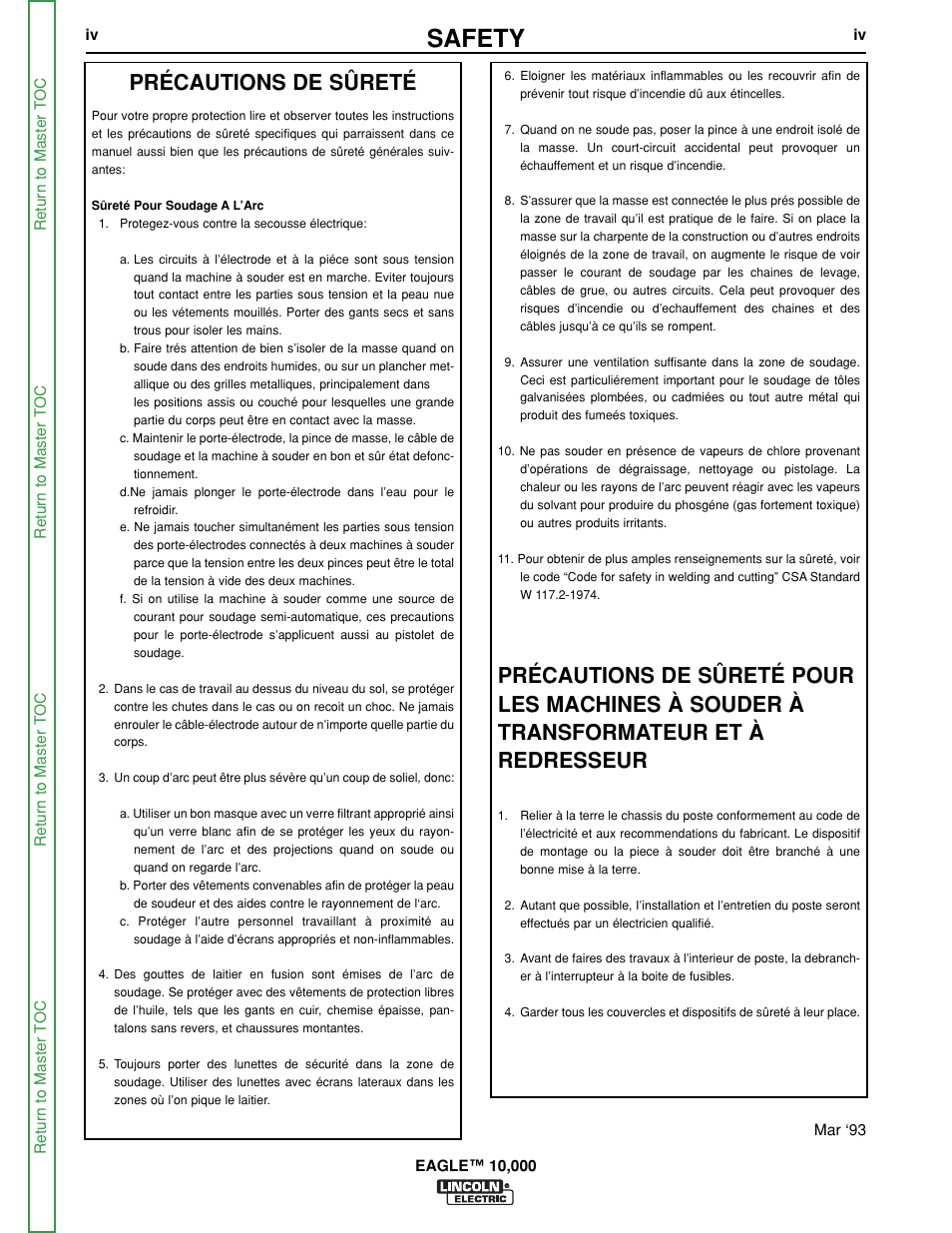 Safety, Précautions de sûreté | Lincoln Electric EAGLE SVM192-A User Manual | Page 5 / 94