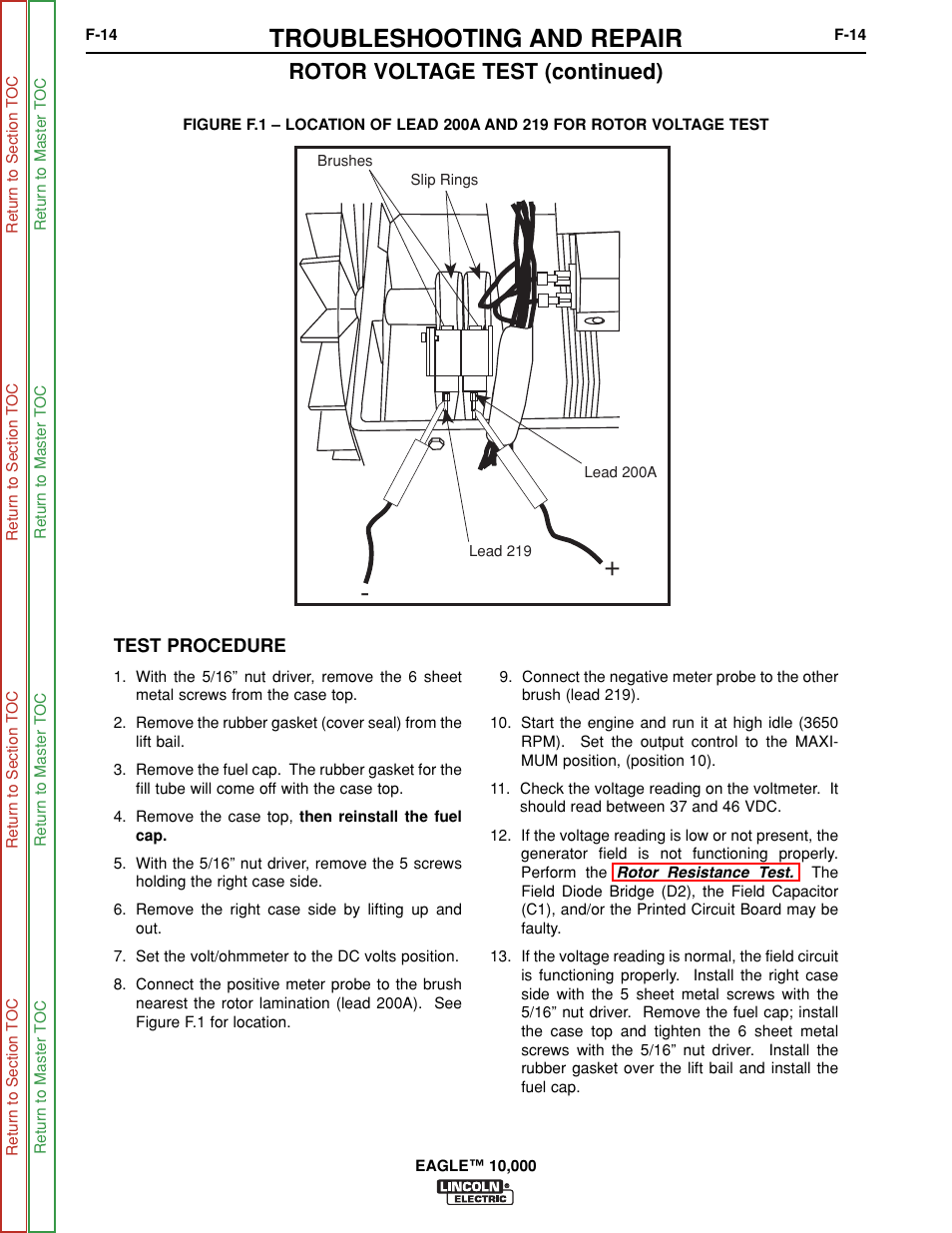 Troubleshooting and repair, Rotor voltage test (continued) | Lincoln Electric EAGLE SVM192-A User Manual | Page 50 / 94