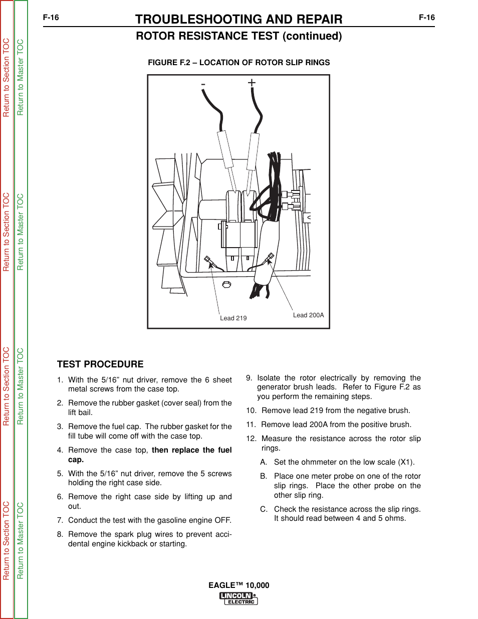 Troubleshooting and repair, Rotor resistance test (continued) | Lincoln Electric EAGLE SVM192-A User Manual | Page 52 / 94