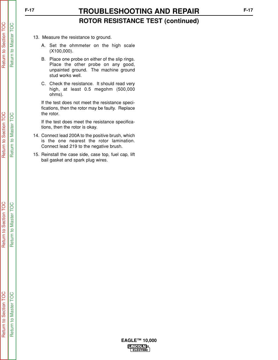 Troubleshooting and repair, Rotor resistance test (continued) | Lincoln Electric EAGLE SVM192-A User Manual | Page 53 / 94