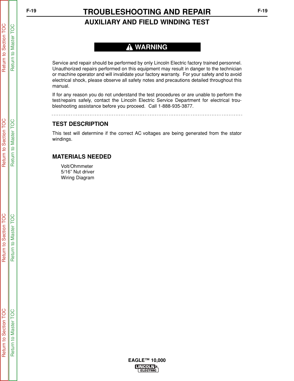 Auxiliary, And field winding voltage, Test | Auxiliary and, Field winding voltage test, Troubleshooting and repair, Auxiliary and field winding test, Warning | Lincoln Electric EAGLE SVM192-A User Manual | Page 55 / 94