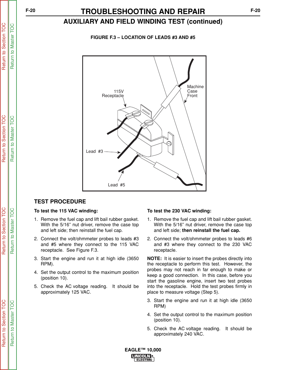 Troubleshooting and repair, Auxiliary and field winding test (continued) | Lincoln Electric EAGLE SVM192-A User Manual | Page 56 / 94