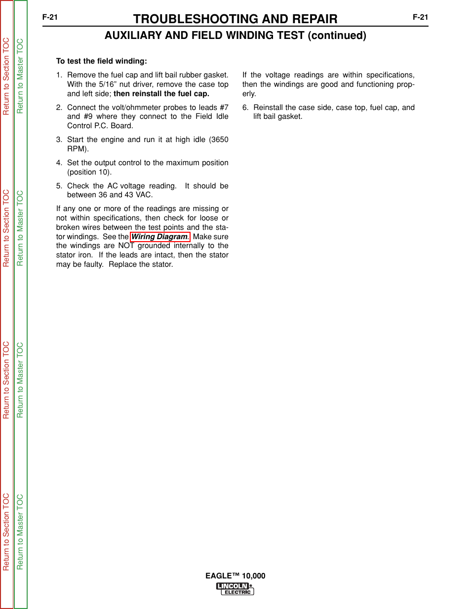 Troubleshooting and repair, Auxiliary and field winding test (continued) | Lincoln Electric EAGLE SVM192-A User Manual | Page 57 / 94