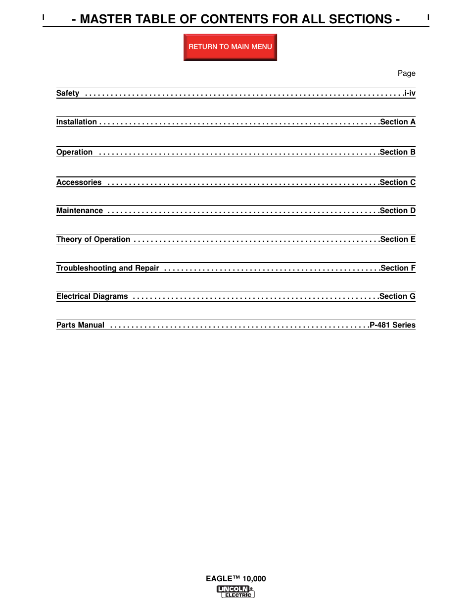 Master table of content, Return, Master | Lincoln Electric EAGLE SVM192-A User Manual | Page 6 / 94