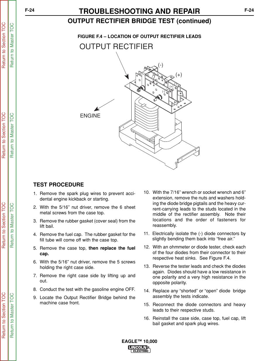 Output rectifier, Troubleshooting and repair, Output rectifier bridge test (continued) | Lincoln Electric EAGLE SVM192-A User Manual | Page 60 / 94