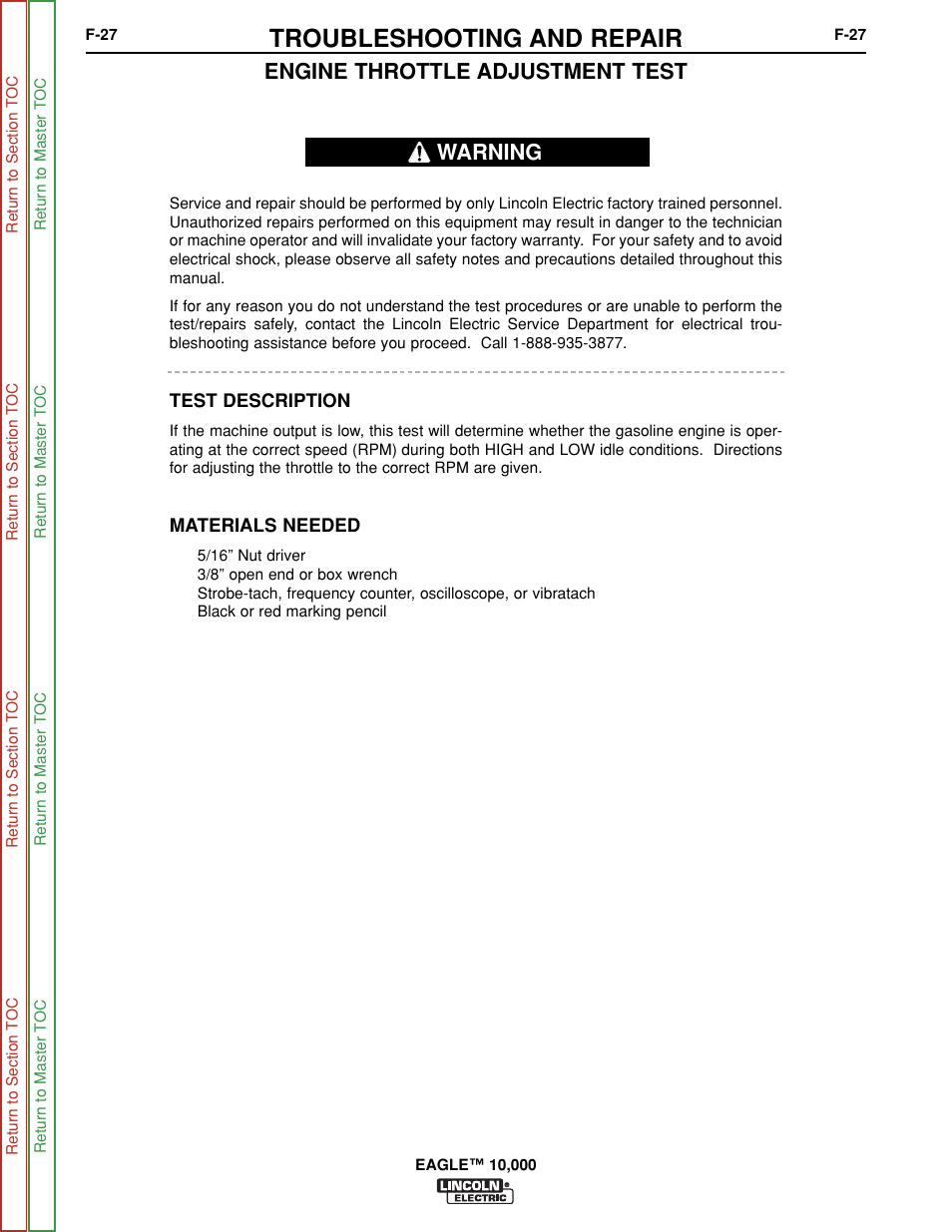 Throttle adjustment test, The engine throttle adjustment, Test | Troubleshooting and repair, Engine throttle adjustment test, Warning | Lincoln Electric EAGLE SVM192-A User Manual | Page 63 / 94