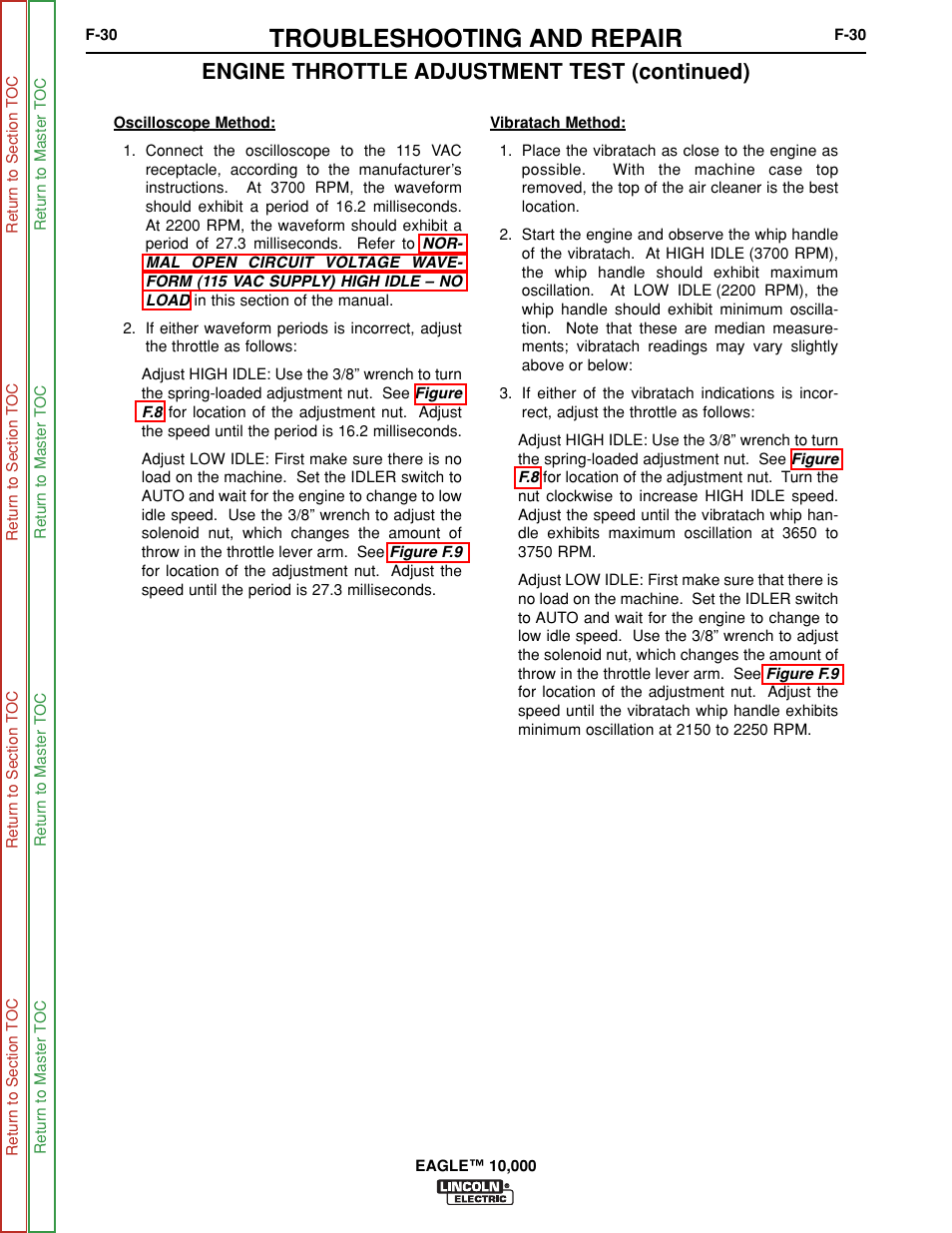 Troubleshooting and repair, Engine throttle adjustment test (continued) | Lincoln Electric EAGLE SVM192-A User Manual | Page 66 / 94