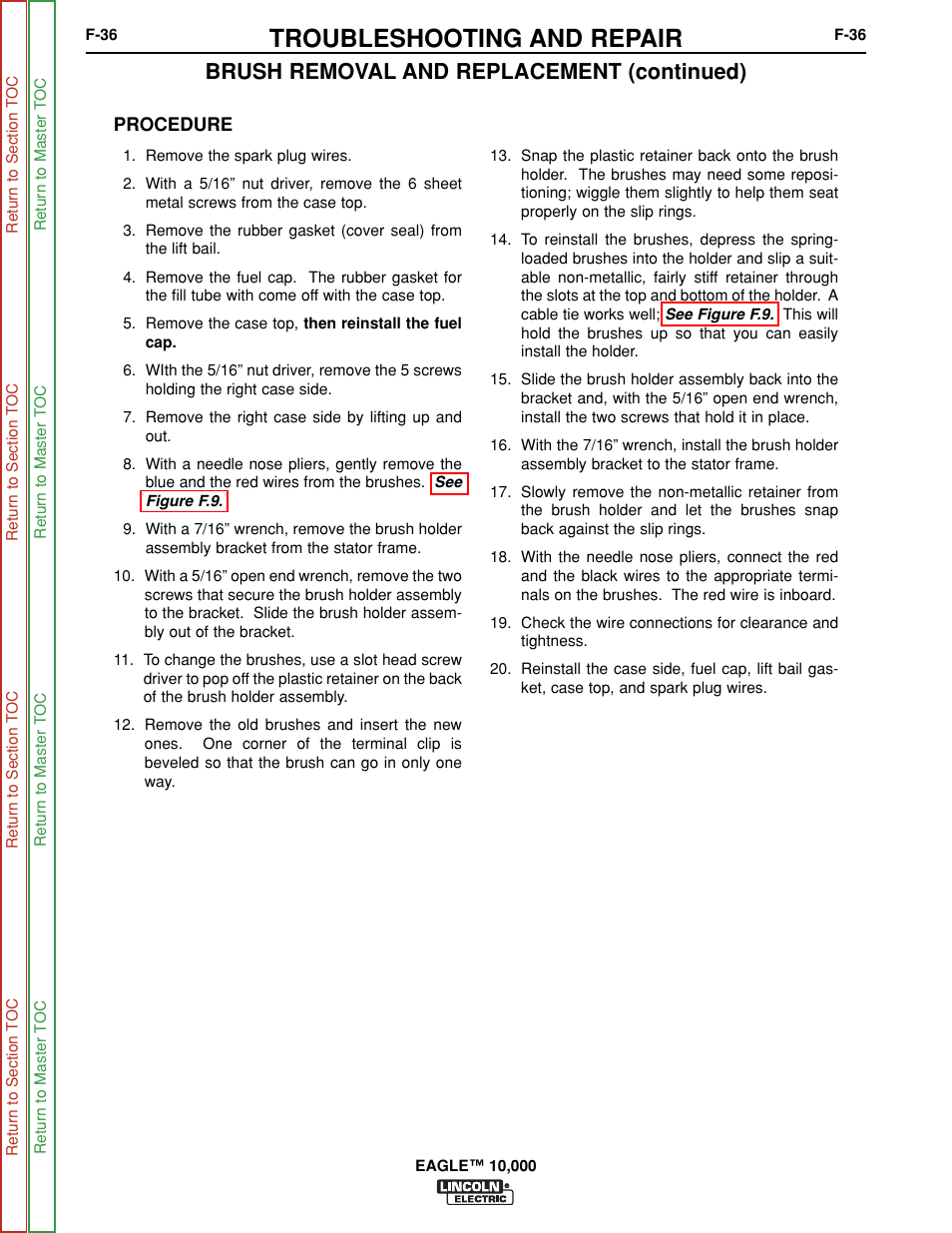 Troubleshooting and repair, Brush removal and replacement (continued) | Lincoln Electric EAGLE SVM192-A User Manual | Page 72 / 94