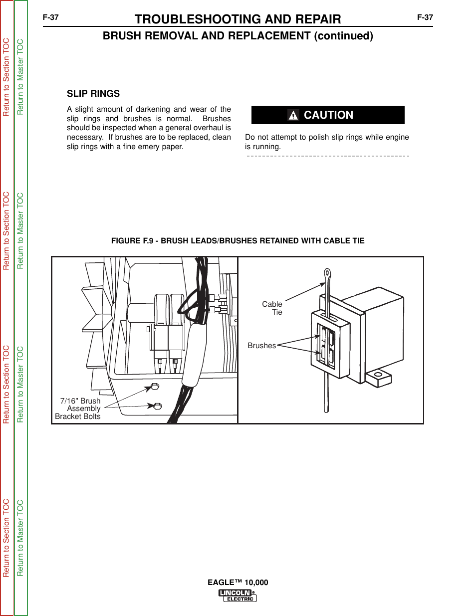 Figure f.9, See figure f.9, Troubleshooting and repair | Brush removal and replacement (continued), Caution | Lincoln Electric EAGLE SVM192-A User Manual | Page 73 / 94