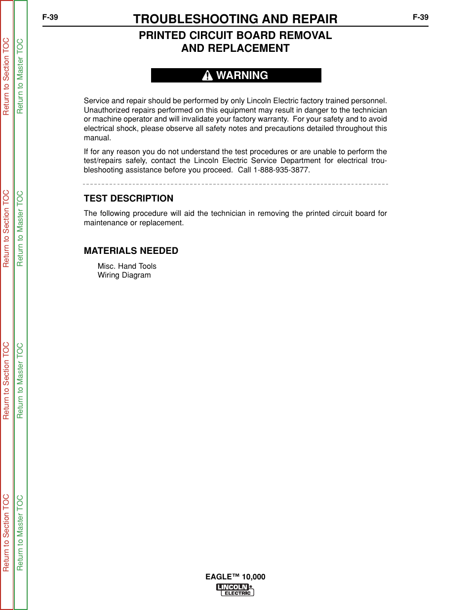 Troubleshooting and repair, Printed circuit board removal and replacement, Warning | Lincoln Electric EAGLE SVM192-A User Manual | Page 75 / 94