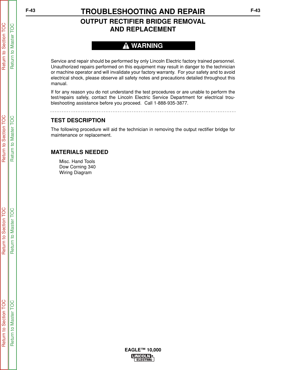 Troubleshooting and repair, Output rectifier bridge removal and replacement, Warning | Lincoln Electric EAGLE SVM192-A User Manual | Page 79 / 94