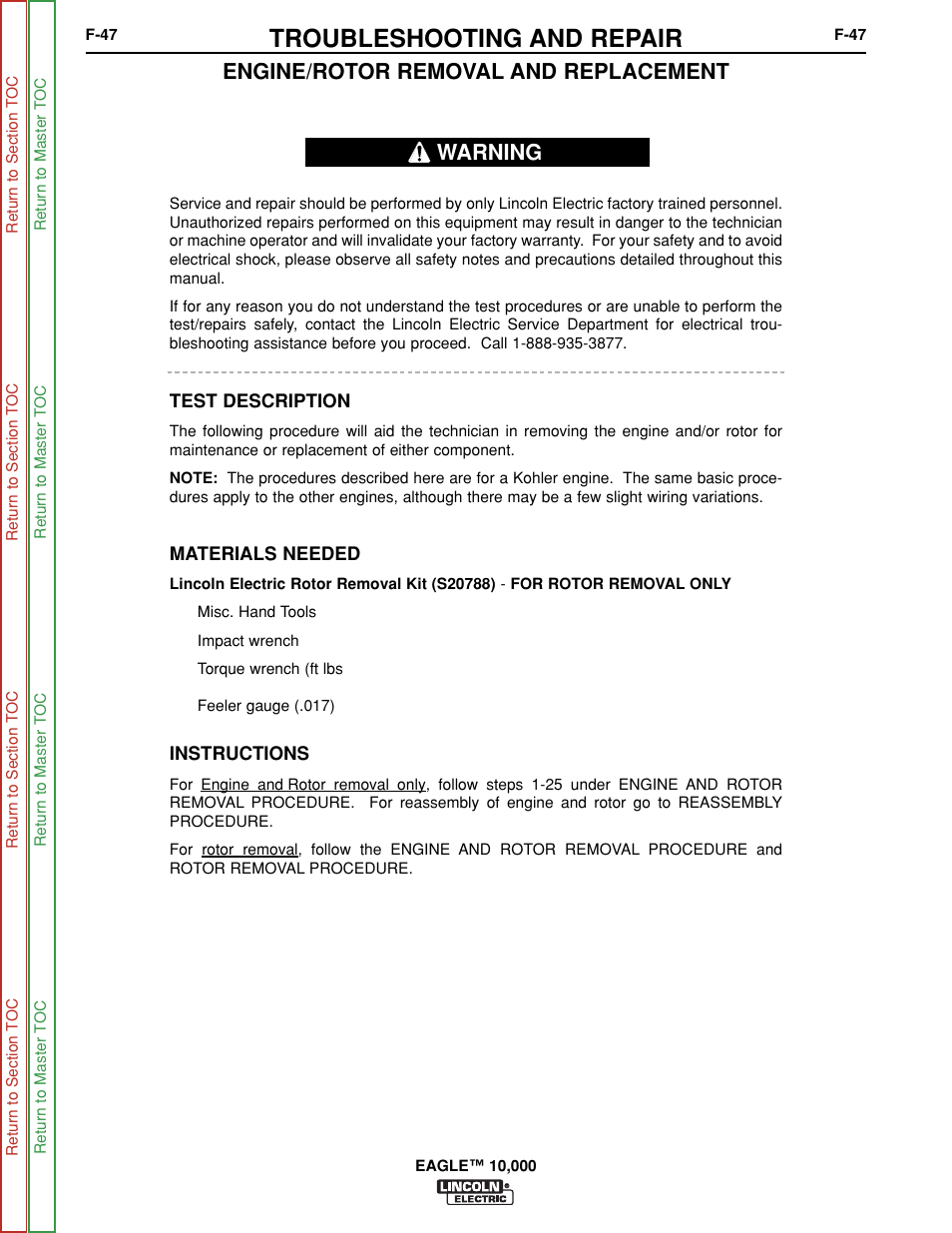 Troubleshooting and repair, Engine/rotor removal and replacement, Warning | Lincoln Electric EAGLE SVM192-A User Manual | Page 83 / 94