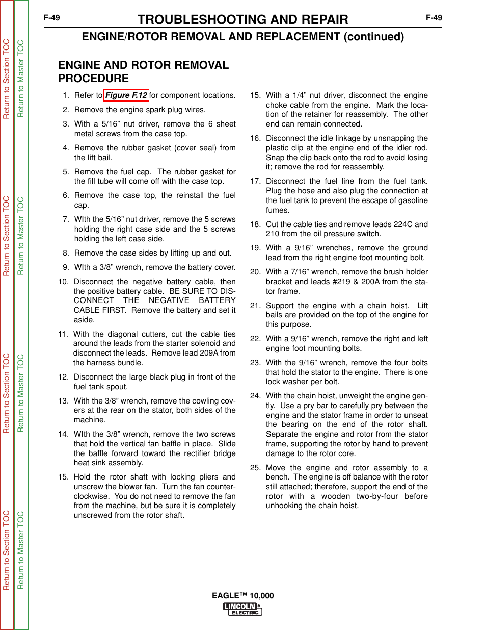 Troubleshooting and repair, Engine and rotor removal procedure, Engine/rotor removal and replacement (continued) | Lincoln Electric EAGLE SVM192-A User Manual | Page 85 / 94