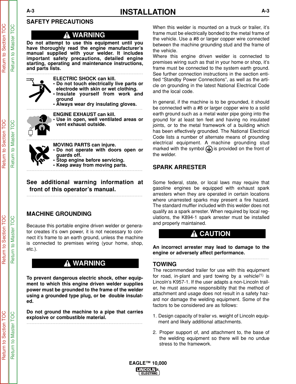 Spark arrestor, Towing, Installation | Caution, Warning | Lincoln Electric EAGLE SVM192-A User Manual | Page 9 / 94