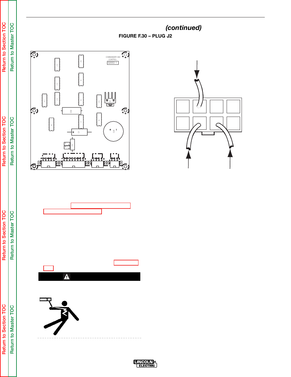 Plug j2 pin 6 (+) pin 2 (-) pin 7 (+), Troubleshooting & repair, Control input test (continued) | Warning, Test procedure | Lincoln Electric COMMANDER SVM145-B User Manual | Page 120 / 175