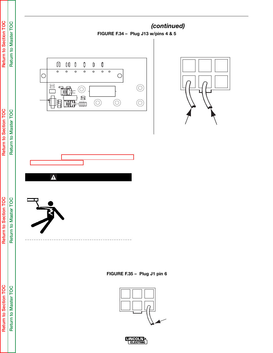 Plug j13, Pin 5 pin 4, Troubleshooting & repair | Right chopper board, Pwm output test (continued), Plug j1, Warning | Lincoln Electric COMMANDER SVM145-B User Manual | Page 128 / 175