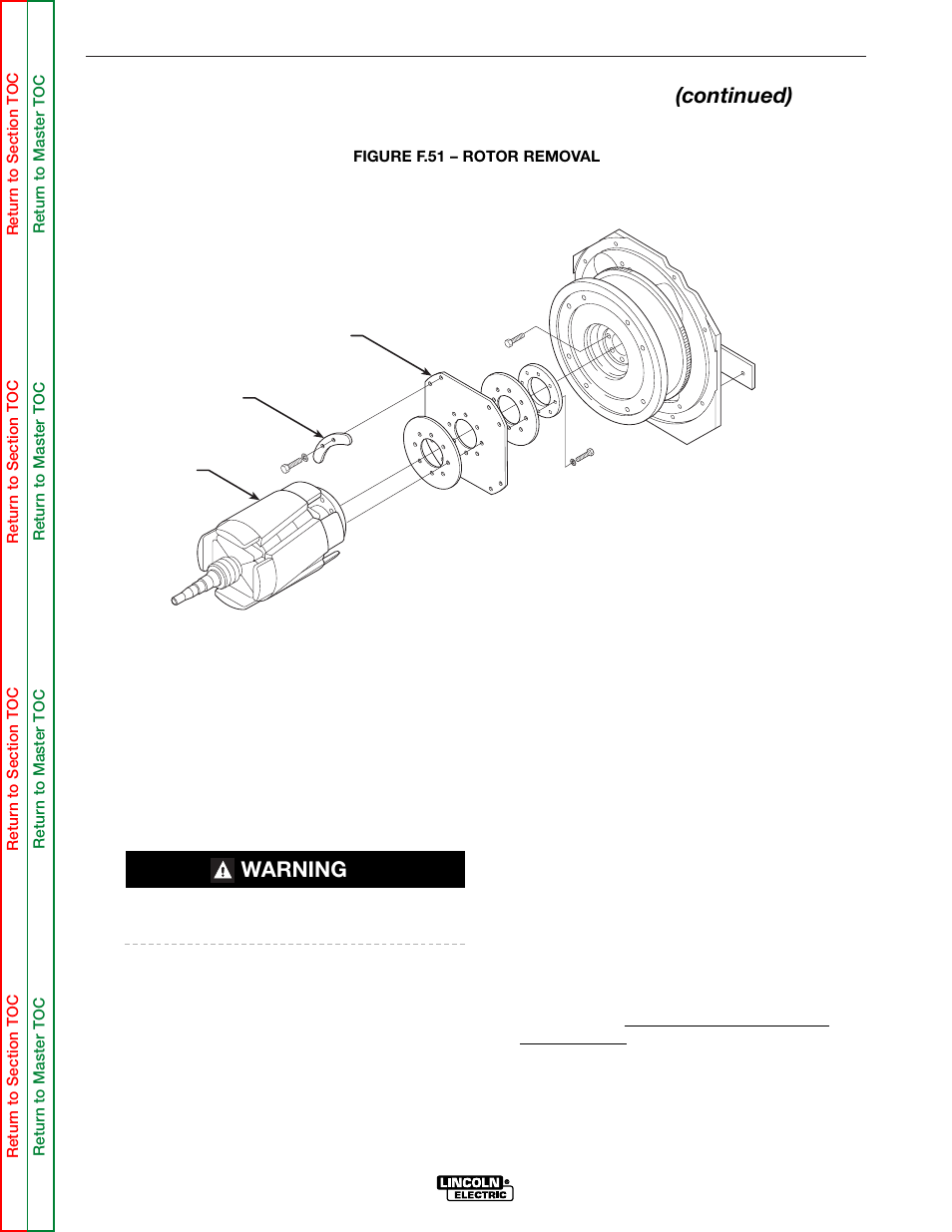 Troubleshooting & repair, Stator/rotor removal and replacement (continued), Warning | Lincoln Electric COMMANDER SVM145-B User Manual | Page 158 / 175