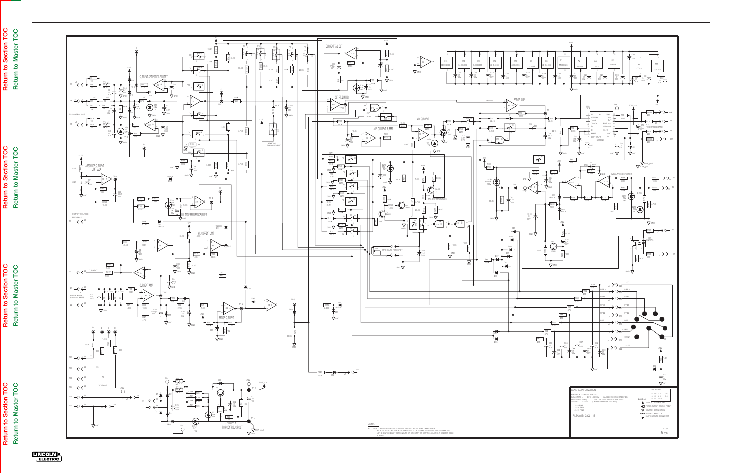 Electrical diagrams, Schematic - control pc board, Commander 300 | Ave. current limit 400a, Voltage feedback buffer, Ave. current buffer, Limit 550a, Current tail out, Current amp, Sense current | Lincoln Electric COMMANDER SVM145-B User Manual | Page 165 / 175