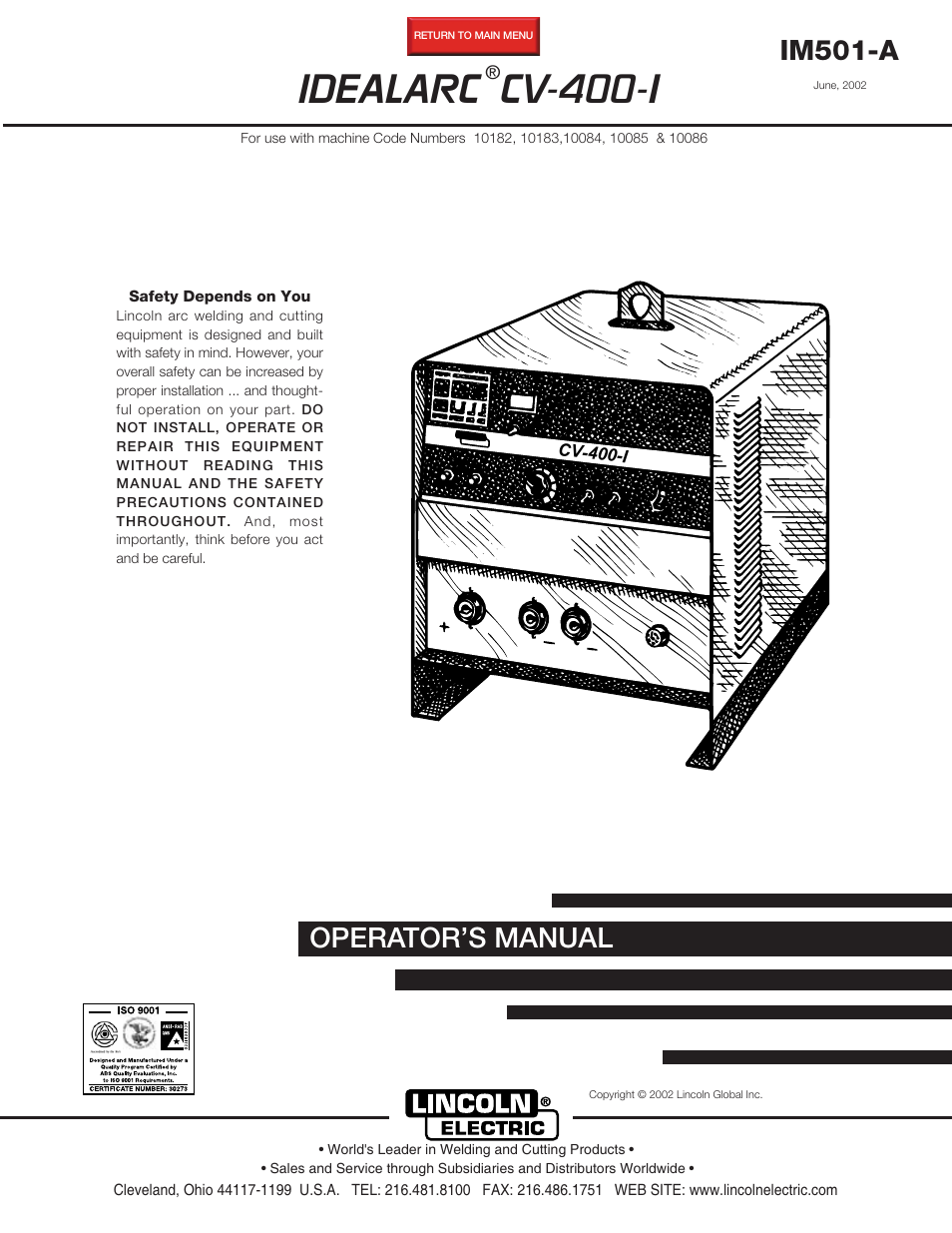 Lincoln Electric IDEALARC CV-400-I User Manual | 44 pages