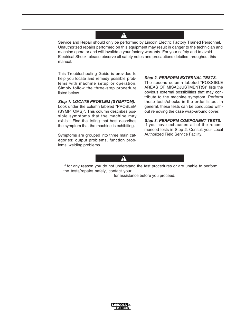 Troubleshooting, How to use troubleshooting guide, Warning | Caution | Lincoln Electric IDEALARC CV-400-I User Manual | Page 21 / 44