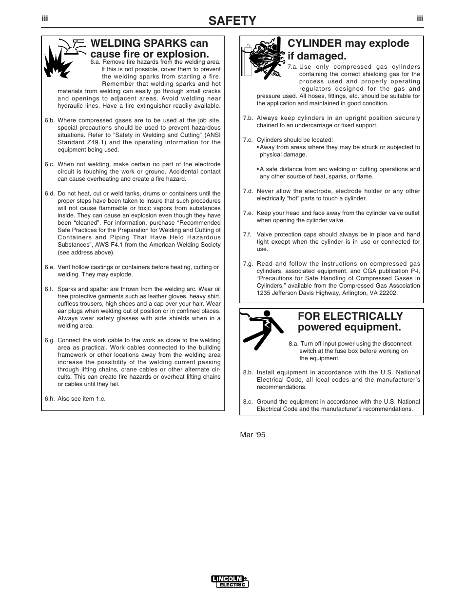 Safety, For electrically powered equipment, Cylinder may explode if damaged | Welding sparks can cause fire or explosion | Lincoln Electric IDEALARC CV-400-I User Manual | Page 4 / 44