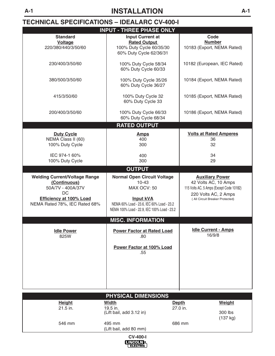 Installation, Technical specifications – idealarc cv-400-i | Lincoln Electric IDEALARC CV-400-I User Manual | Page 8 / 44