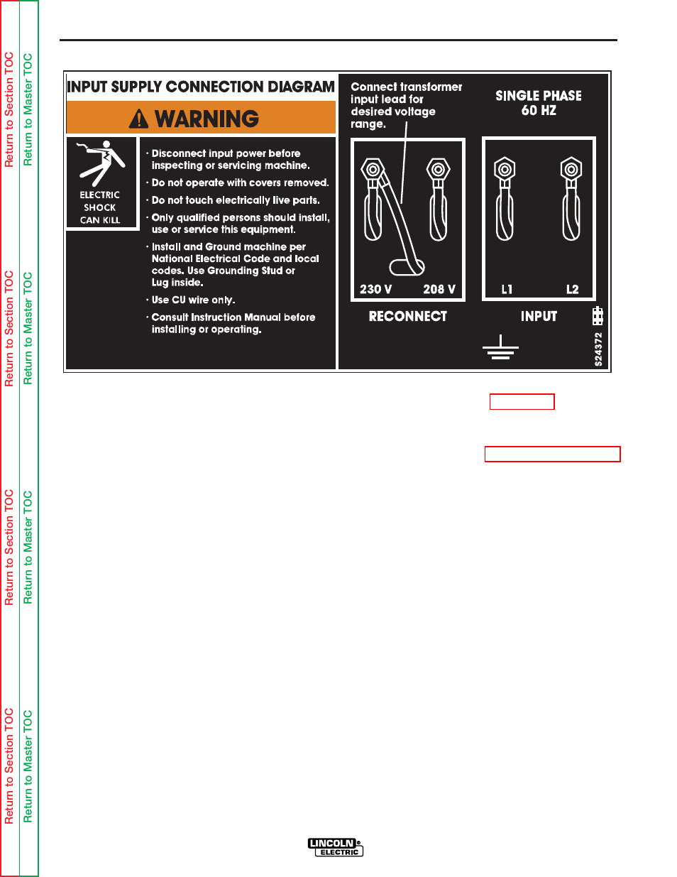 Dual voltage machine input connections, Nected according to the instructions in figure a.1, Installation | Lincoln Electric POWER MIG SVM170-A User Manual | Page 10 / 109