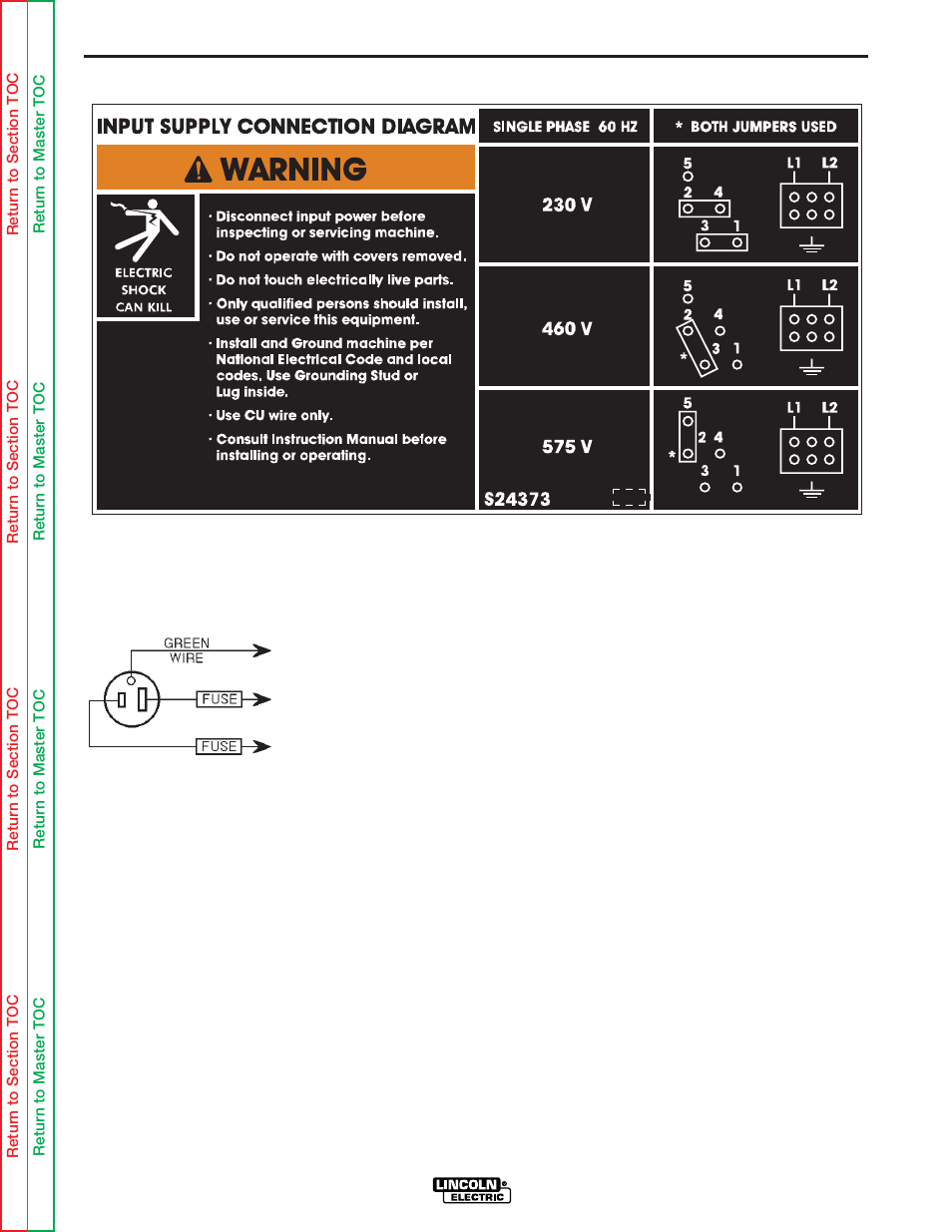 Triple voltage machine input connections, Output polarity connections, For dual voltage machines and figure a.2 | Using the instructions in figure a.3 , have a qual, Installation | Lincoln Electric POWER MIG SVM170-A User Manual | Page 11 / 109