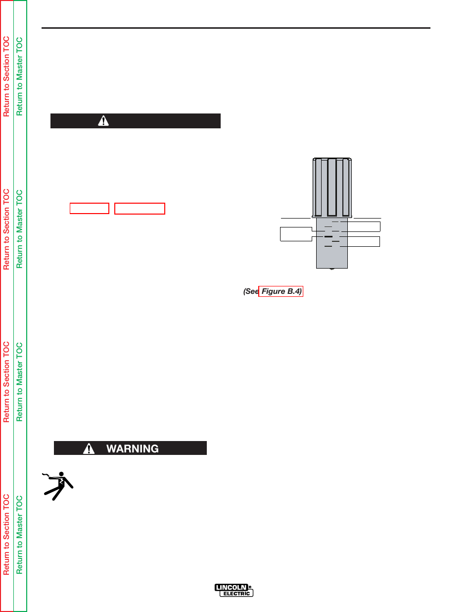 To start the welder, Feeding wire electrode, Idle roll pressure setting | Wire drive configuration, B-6/b-7, Operation, Warning | Lincoln Electric POWER MIG SVM170-A User Manual | Page 18 / 109