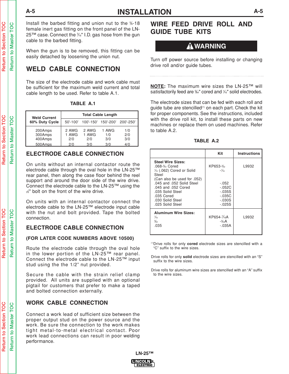 Weld cable connection, Electrode cable connections, Work cable connection | Wire feed drive roll and guide tube kits, Installation, Warning, Electrode cable connection | Lincoln Electric LN-25 SVM114-C User Manual | Page 11 / 111