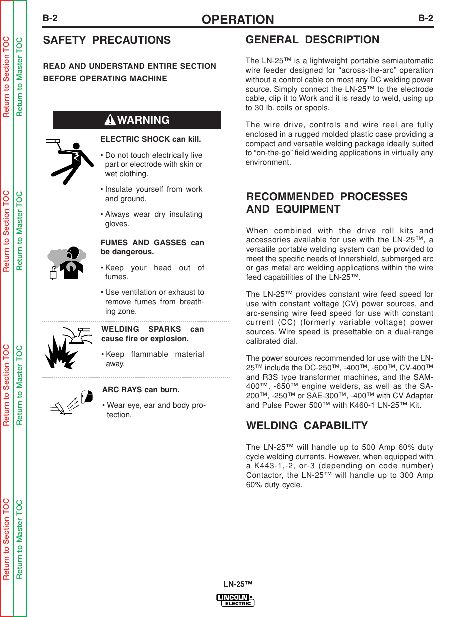 Safety precautions, General description, Recommended processes and equipment | Welding capability, Operation, Warning general description | Lincoln Electric LN-25 SVM114-C User Manual | Page 14 / 111