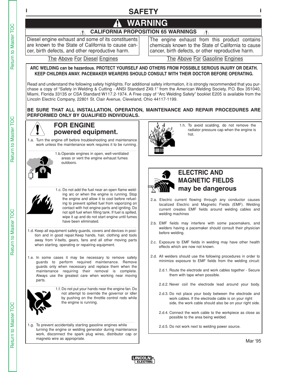 Safety, Warning, For engine powered equipment | Electric and magnetic fields may be dangerous | Lincoln Electric LN-25 SVM114-C User Manual | Page 2 / 111