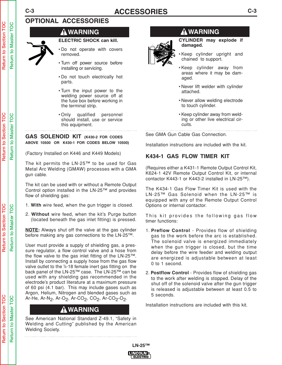 Optional accessories, Gas solenoid kit, K434-1 gas flow timer kit | Accessories, Warning | Lincoln Electric LN-25 SVM114-C User Manual | Page 25 / 111