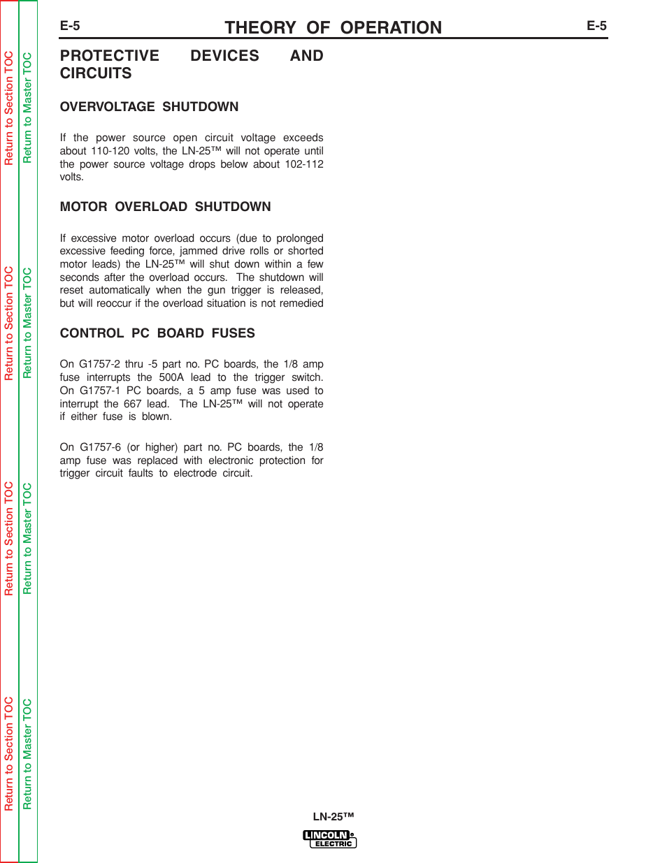 Protective devices & circuits, Overvoltage shutdown, Motor overload shutdown | Control pc board fuses, Theory of operation, Protective devices and circuits | Lincoln Electric LN-25 SVM114-C User Manual | Page 37 / 111