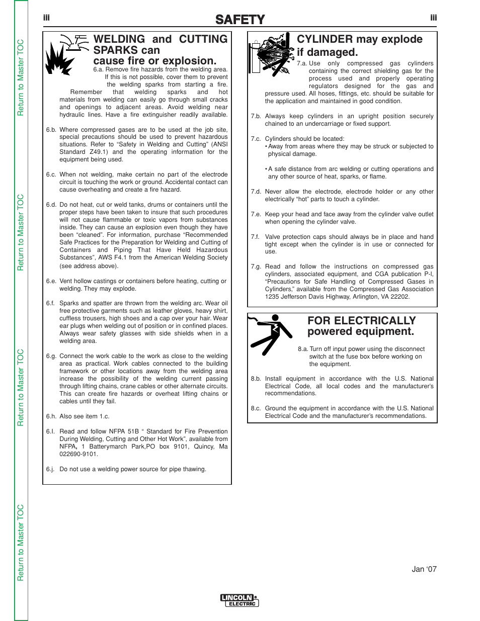 Ssa af fe et ty y, For electrically powered equipment, Cylinder may explode if damaged | Lincoln Electric LN-25 SVM114-C User Manual | Page 4 / 111