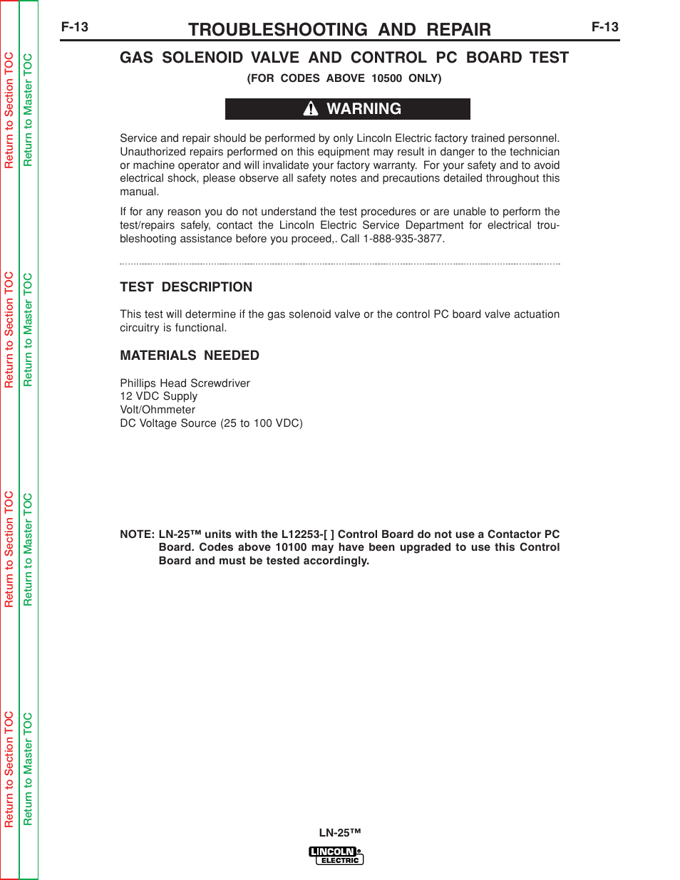 Gas solenoid valve and control pc board test, F-13, Troubleshooting and repair | Warning | Lincoln Electric LN-25 SVM114-C User Manual | Page 51 / 111