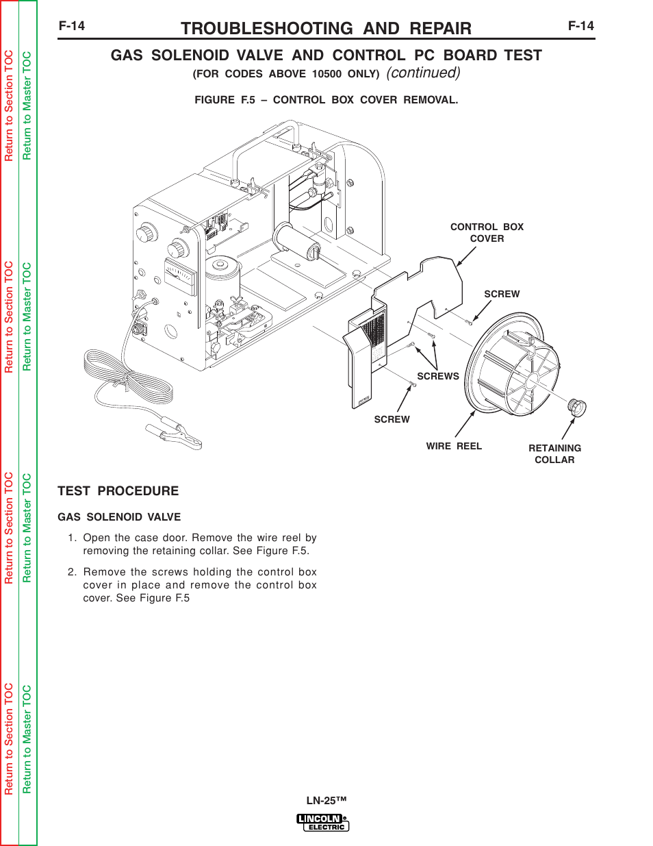 Troubleshooting and repair, Gas solenoid valve and control pc board test, Continued) | F-14, Test procedure | Lincoln Electric LN-25 SVM114-C User Manual | Page 52 / 111