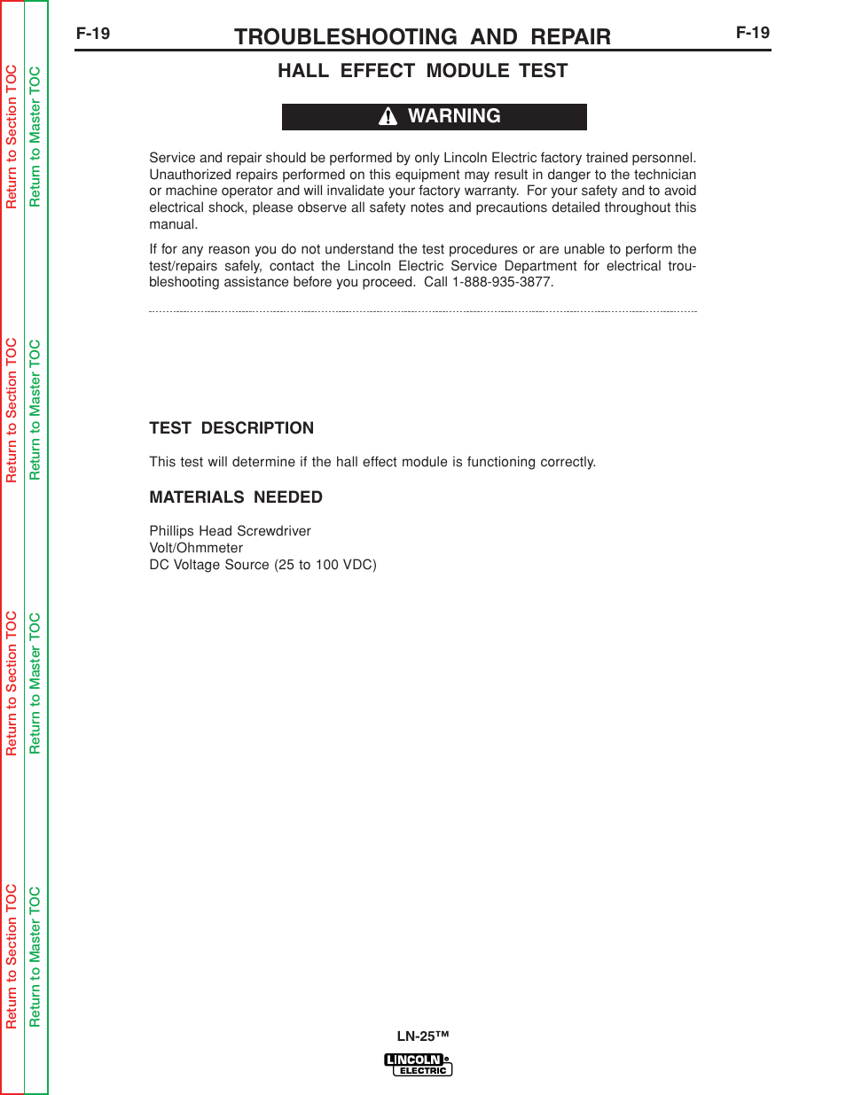 Hall effect module test, F-19, Troubleshooting and repair | Warning | Lincoln Electric LN-25 SVM114-C User Manual | Page 57 / 111