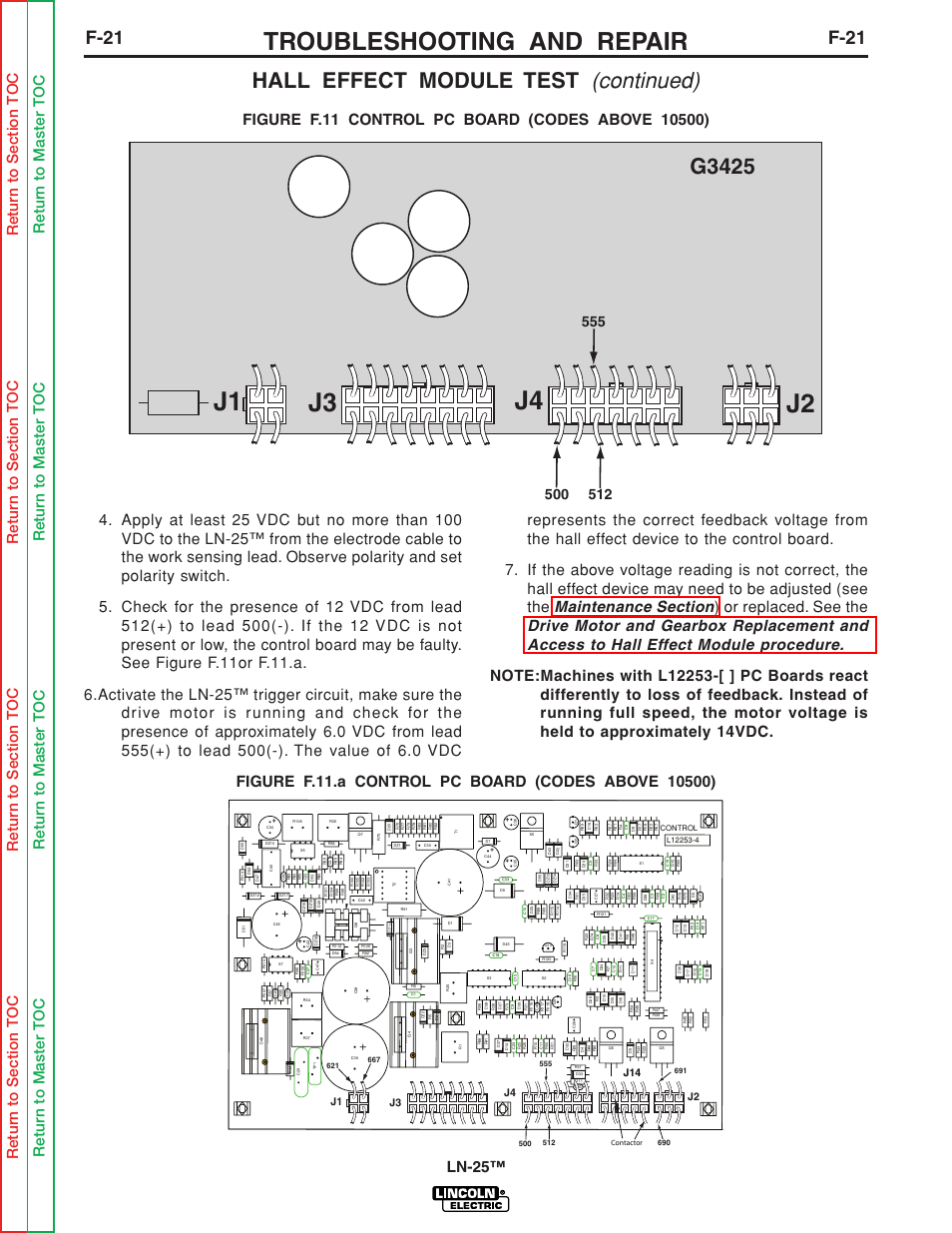 See figure f.11, J1 j3 j4 j2, Troubleshooting and repair | Hall effect module test (continued), G3425, F-21, J2 j3 j1, J4 j14 | Lincoln Electric LN-25 SVM114-C User Manual | Page 59 / 111