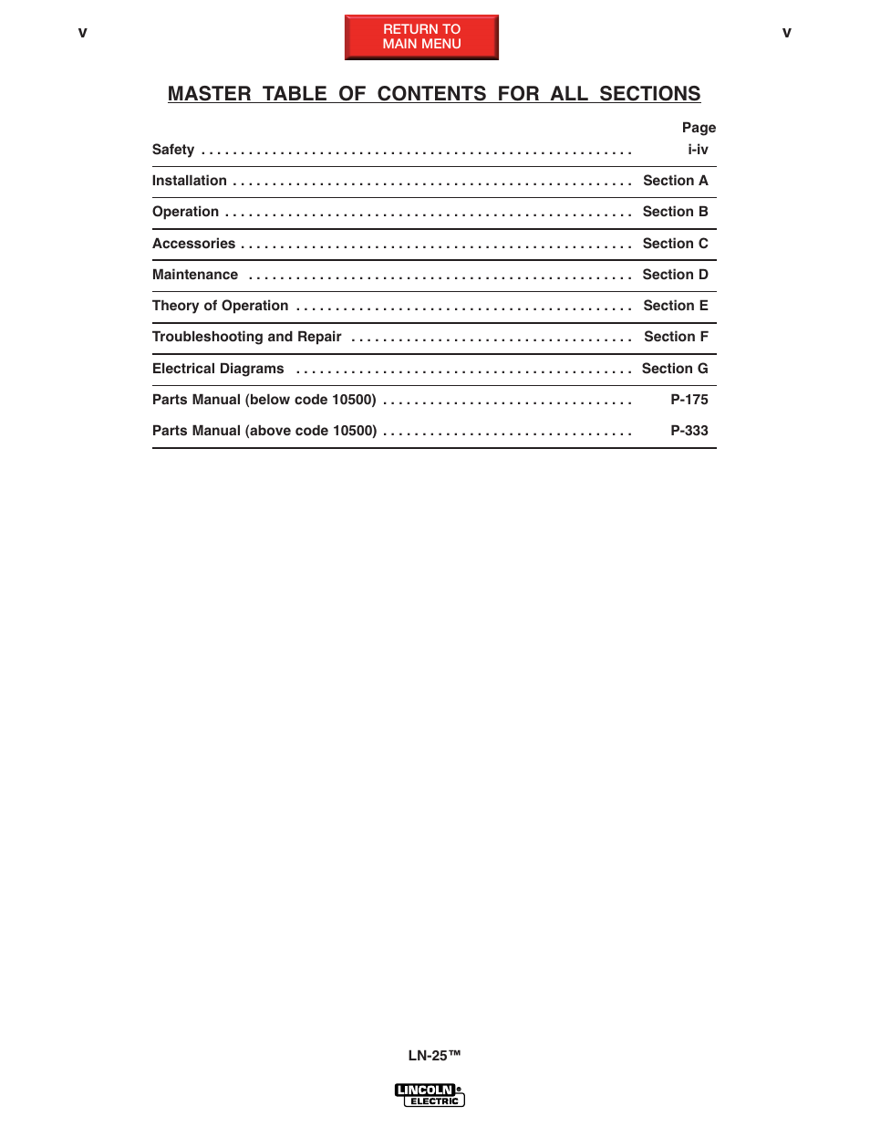 Master table of contents, Retur, Master | Lincoln Electric LN-25 SVM114-C User Manual | Page 6 / 111